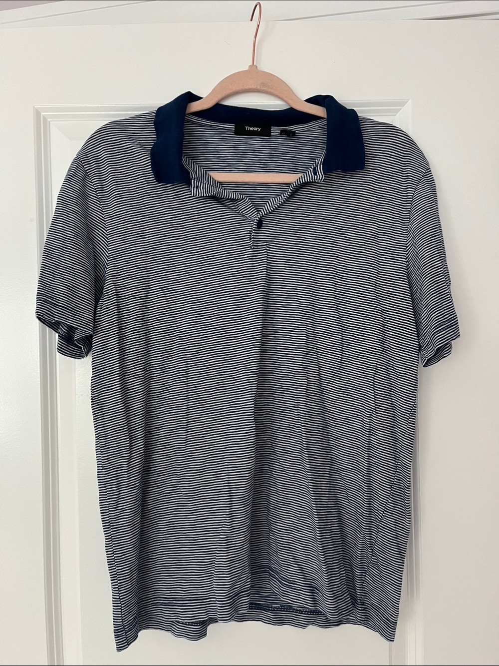 Theory Men's Navy & White Micro-Stripe Polo with Dark Navy Collar M